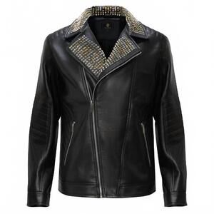 NEW BAROCCO men's studded collar trim moto jacket in black